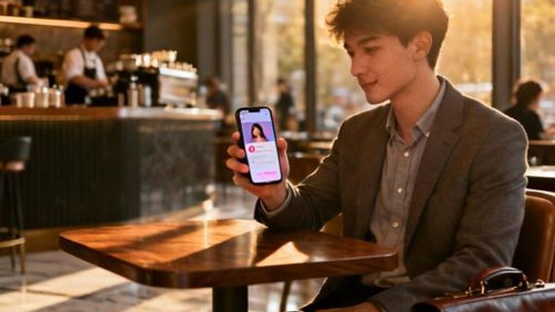 Young professional using The Right Stuff dating app on smartphone in modern coffee shop