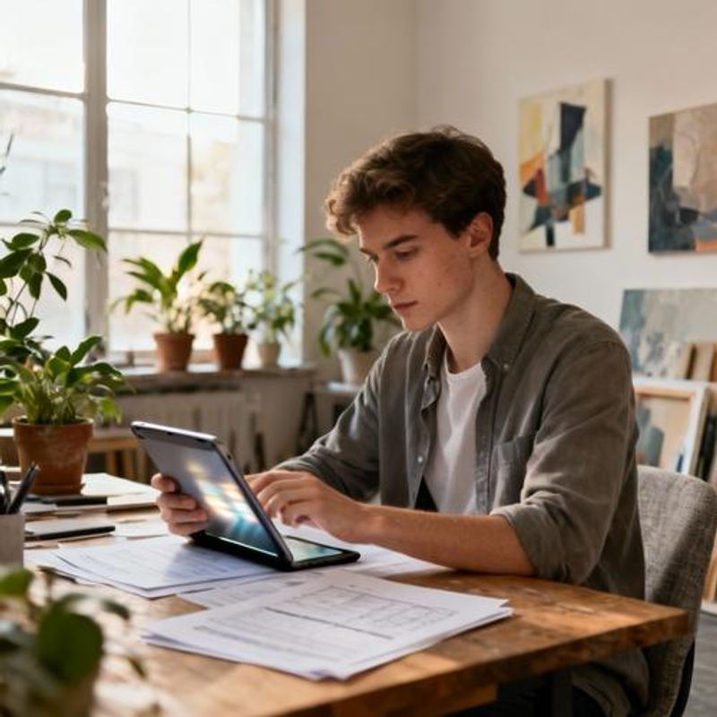 Creative professional reviewing application documents at stylish workspace