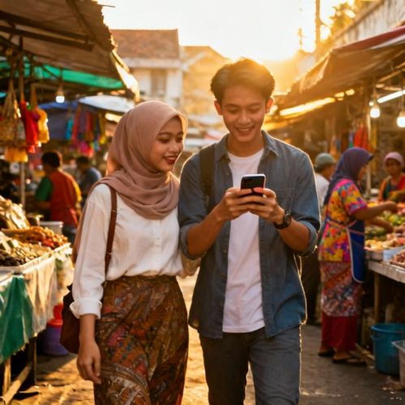 Indonesian couple using dating app in traditional Jakarta market setting