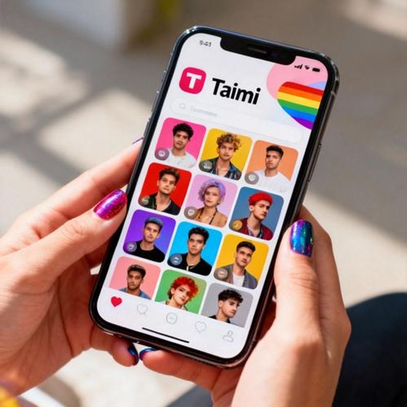 Screenshot collage showing Taimi app interface with diverse LGBTQ+ profiles