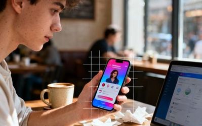 Person using smartphone to browse dating apps in a cozy coffee shop setting