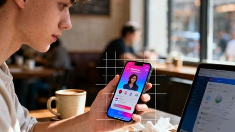 Person using smartphone to browse dating apps in a cozy coffee shop setting
