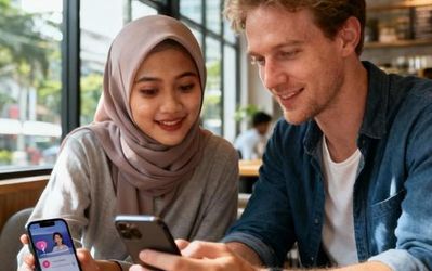 Young Indonesian woman and international man looking at dating app on smartphone in Jakarta cafe