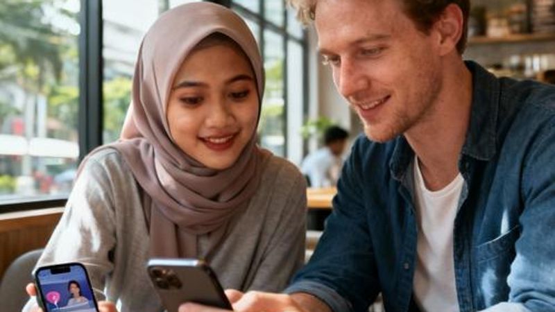 Young Indonesian woman and international man looking at dating app on smartphone in Jakarta cafe