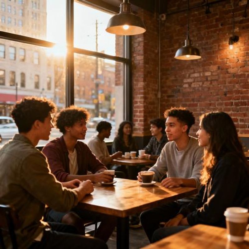 Diverse group of Chicago singles meeting at popular downtown coffee shop