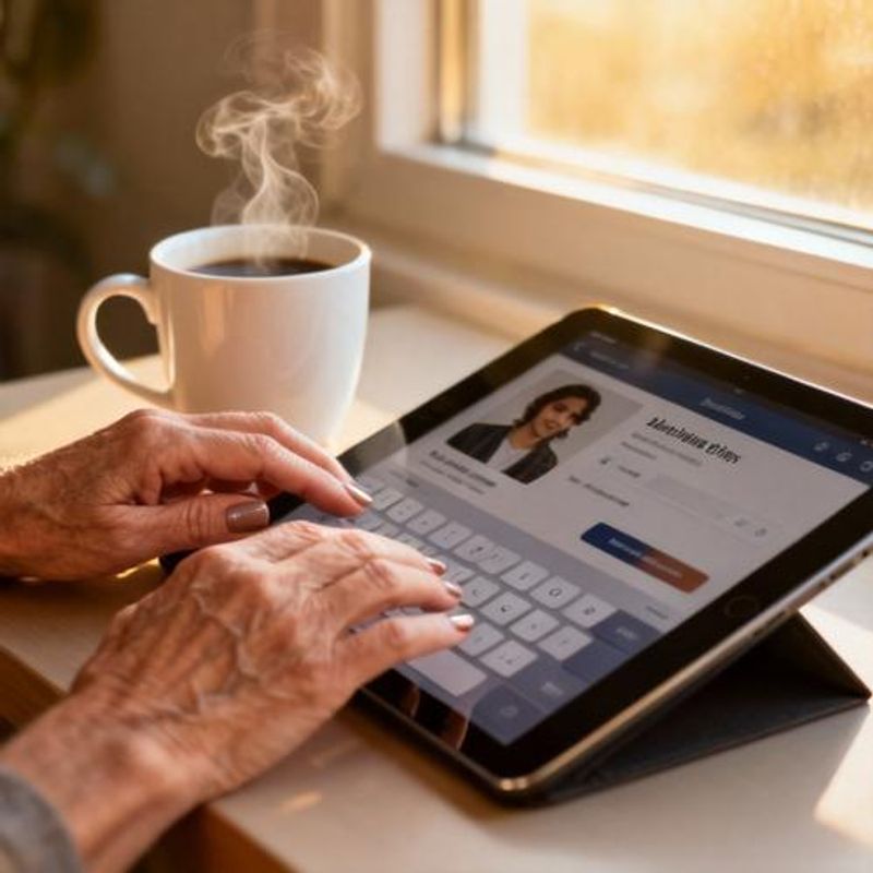 Person creating dating profile on tablet with coffee nearby