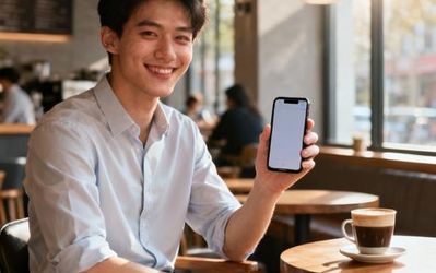 Young professional using smartphone for dating app in modern coffee shop setting