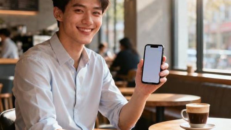 Young professional using smartphone for dating app in modern coffee shop setting