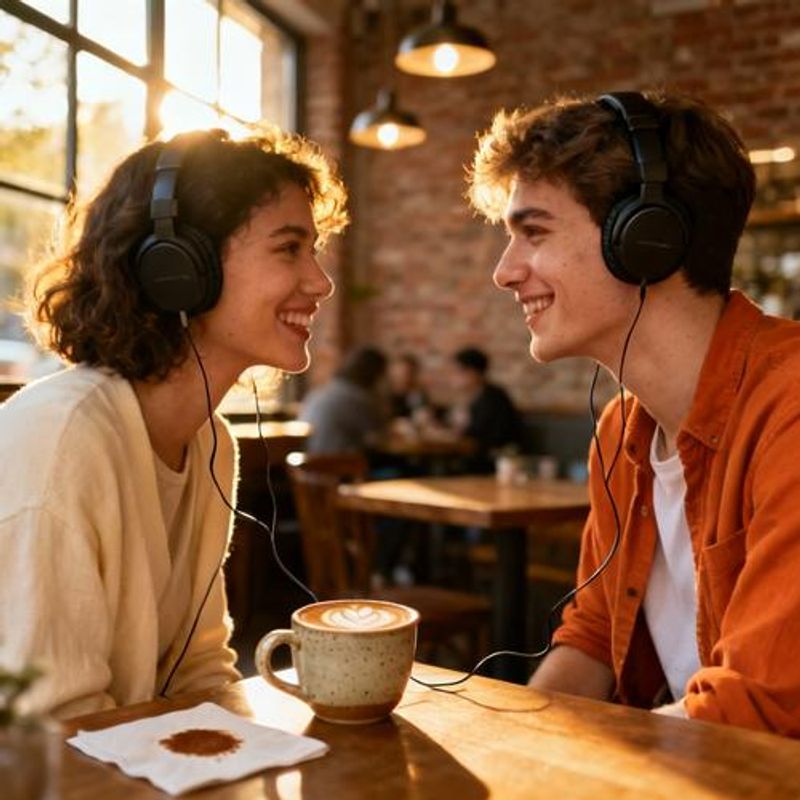 Two people sitting across from each other at a cozy cafe, both wearing headphones and sharing music