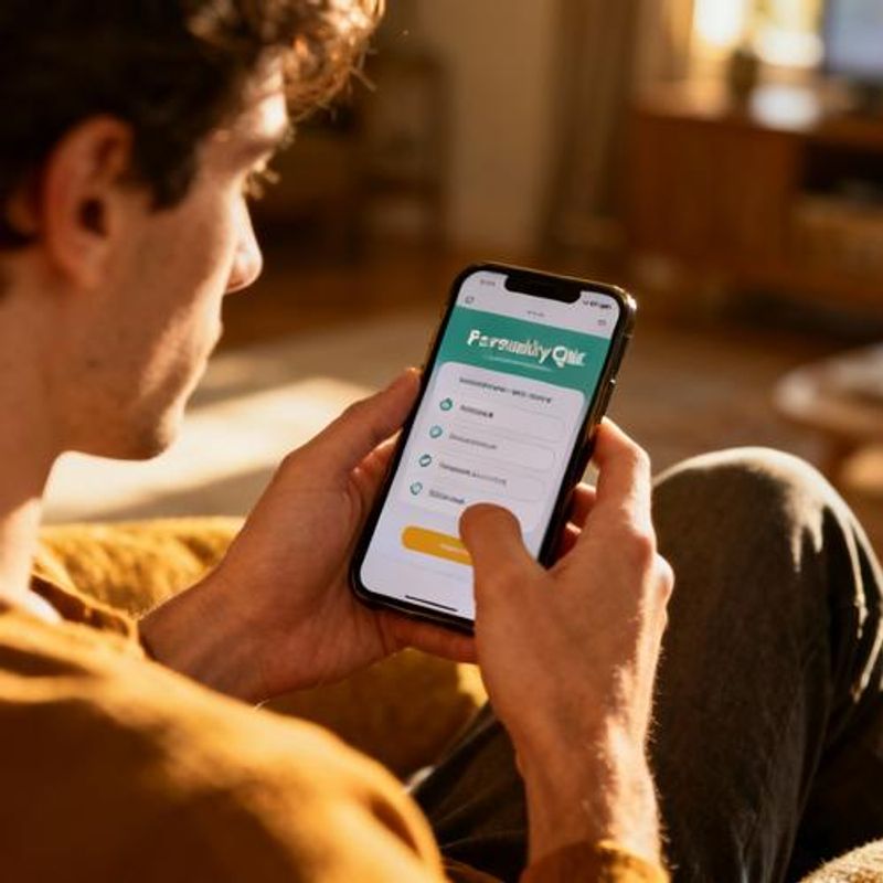Person thoughtfully filling out personality assessment on smartphone