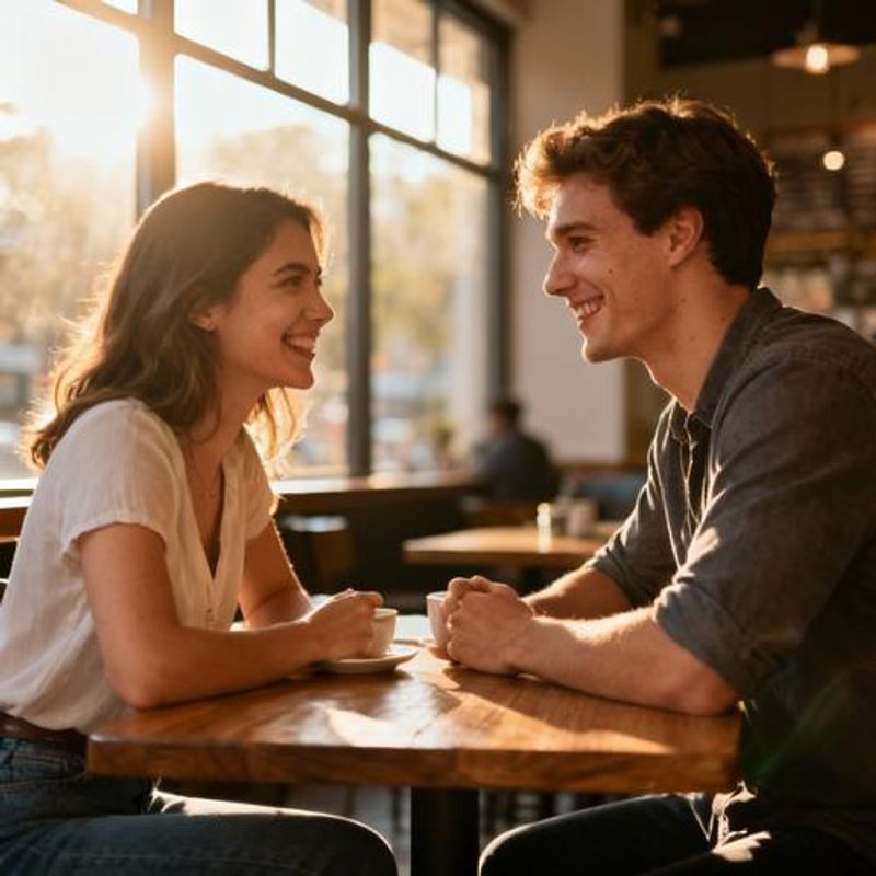 Young couple having coffee together after meeting through a dating app