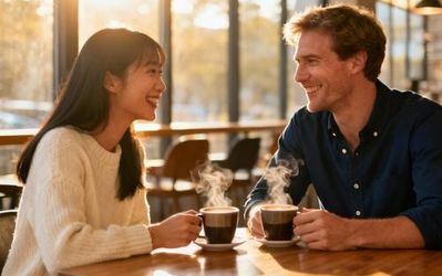 Diverse couple sharing coffee and laughing together in a modern cafe