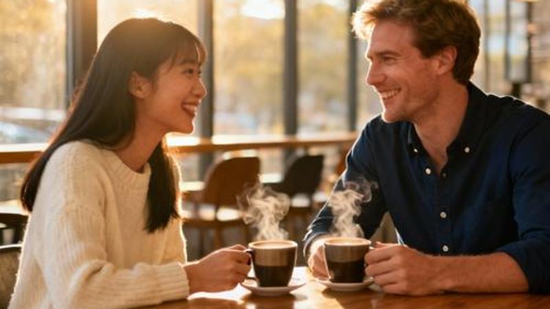 Diverse couple sharing coffee and laughing together in a modern cafe
