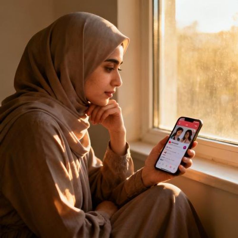 Muslim woman thoughtfully looking at smartphone with dating apps
