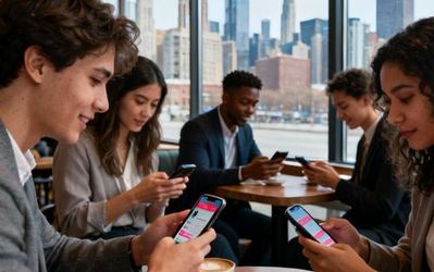 Young professional singles using dating apps in Chicago downtown coffee shop