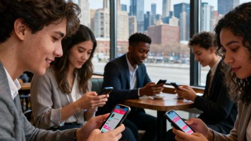 Young professional singles using dating apps in Chicago downtown coffee shop