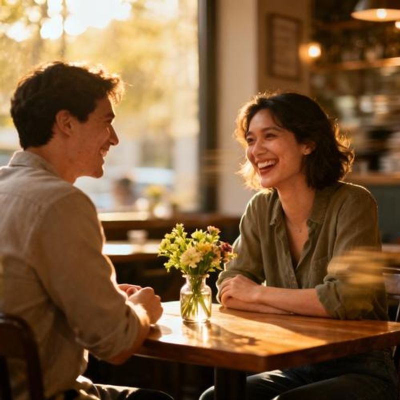 Two people having engaging conversation at cozy restaurant table