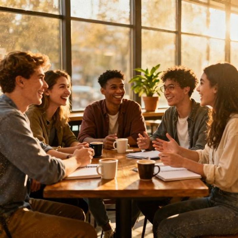 Diverse group of young adults having coffee and conversation, representing mental health awareness and community