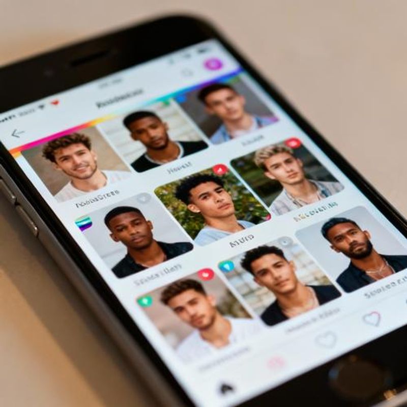 Smartphone displaying multiple gay dating app interfaces with diverse user profiles