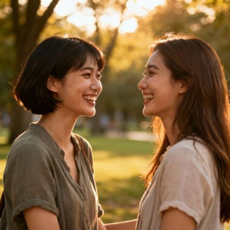 Two women meeting for the first time, shaking hands and smiling in a casual outdoor setting