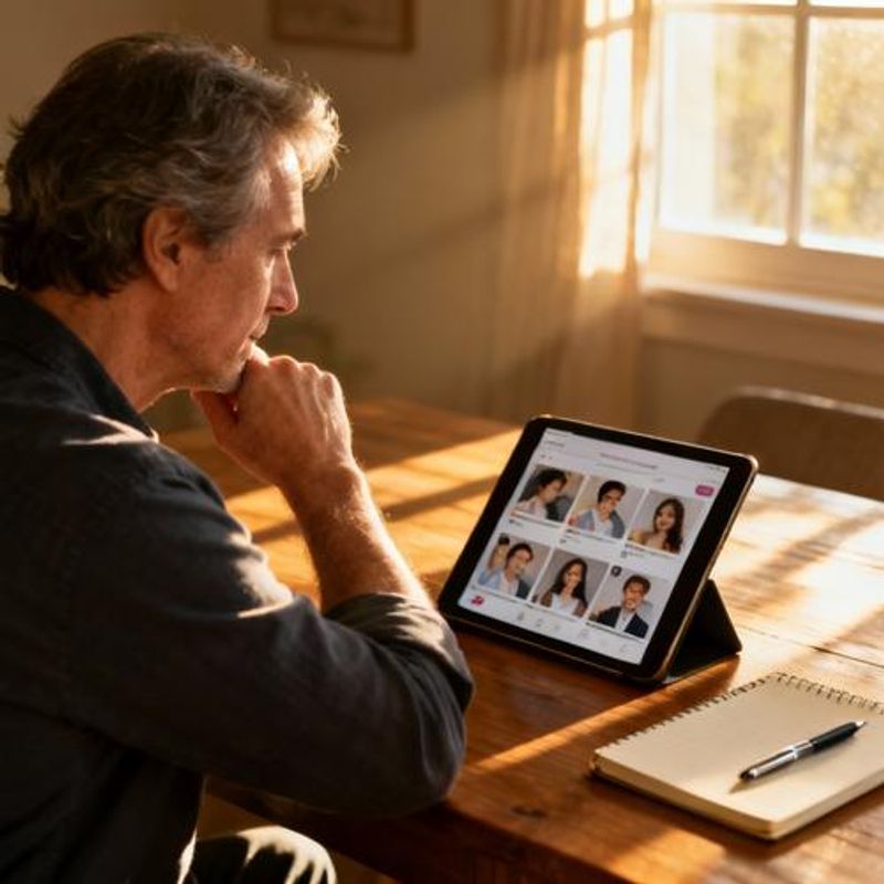 Person reviewing different dating app profiles on tablet with notes and considerations
