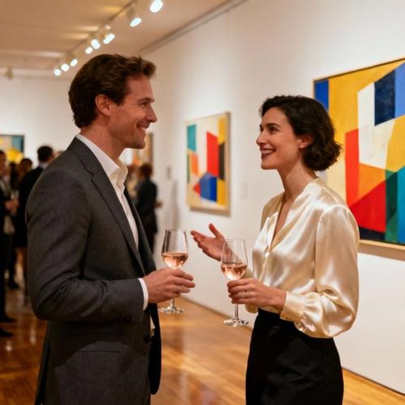 Two professionals having engaging conversation at art gallery opening