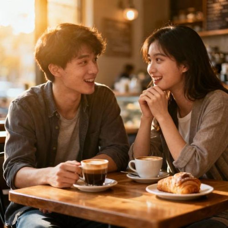 Couple meeting for first date in coffee shop looking nervous but excited