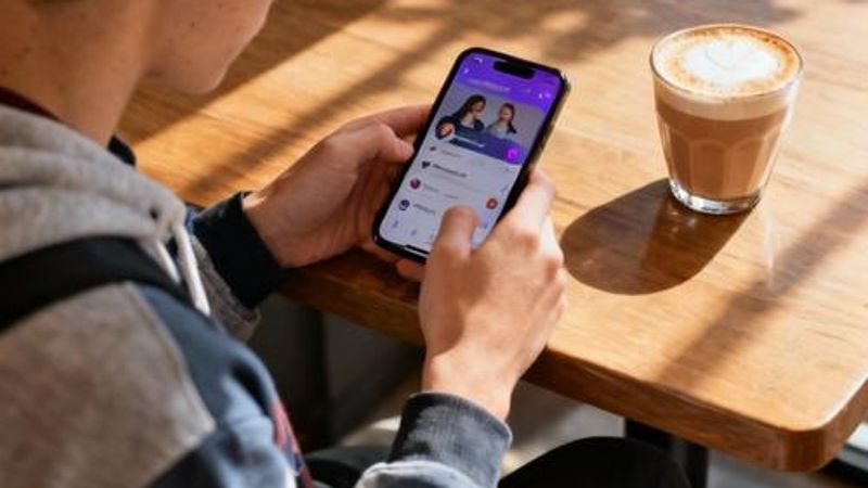Young person using dating app on smartphone with coffee in hand