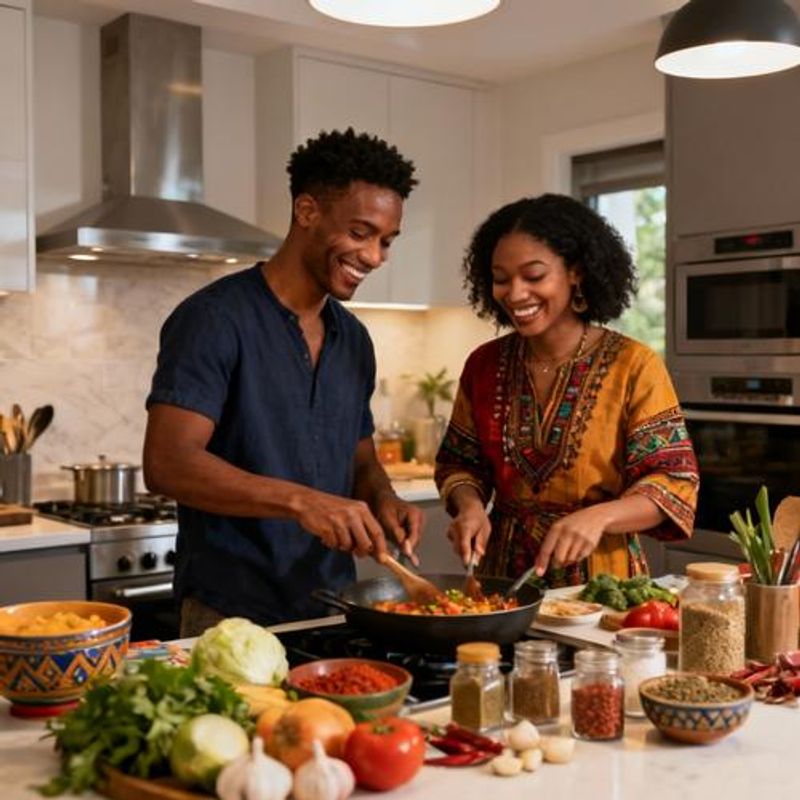 Couple cooking together with ingredients from different cultures