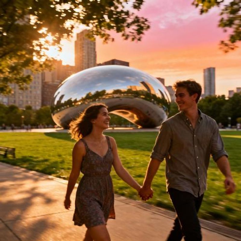 Chicago couple having first date at Millennium Park during golden hour