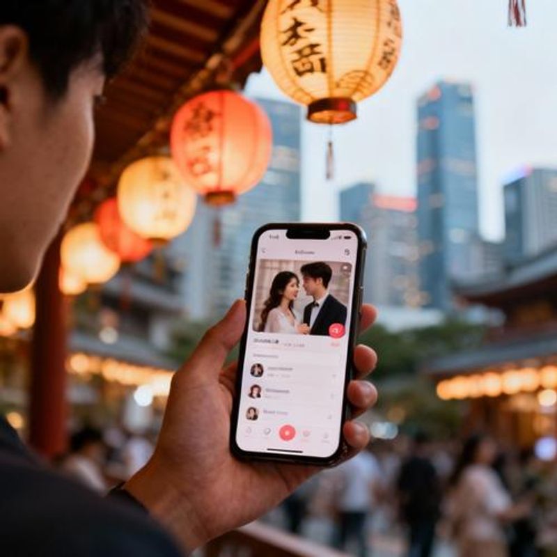 Person using dating app on smartphone with Asian cultural elements in background