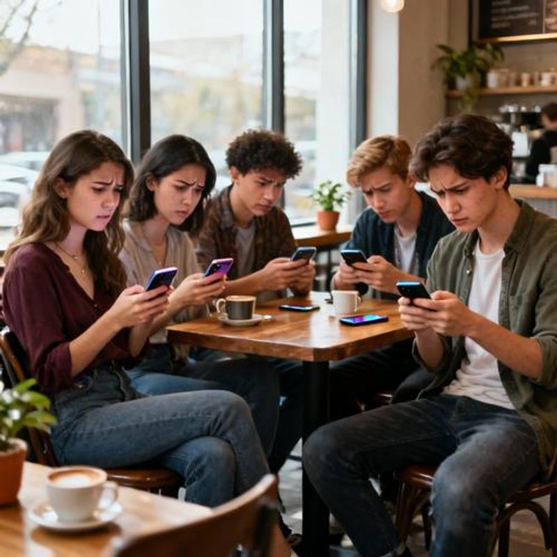 Diverse group of singles looking at their phones with frustrated expressions