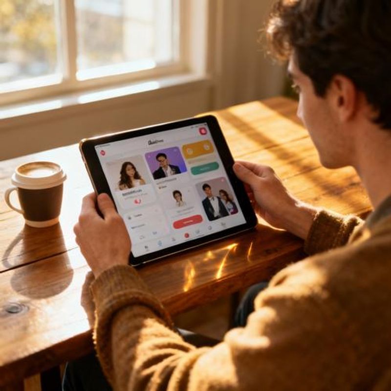 Person comparing different dating apps on tablet screen with coffee nearby