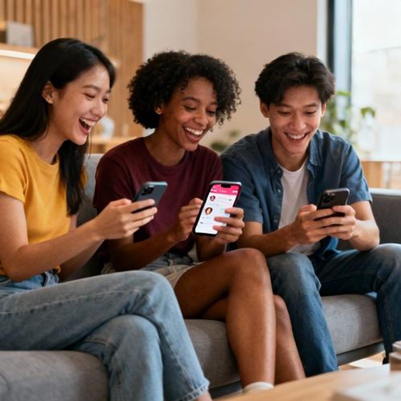 Diverse group of singles looking at dating app matches on their phones