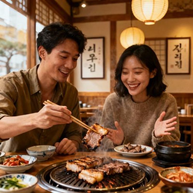 International couple on first date at traditional Korean restaurant