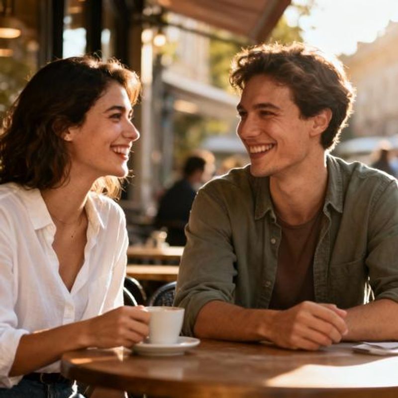 Two people having coffee and laughing together on a first date