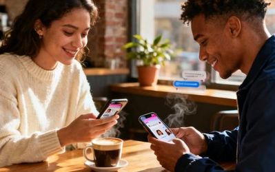 Two people holding smartphones with dating app interfaces showing mutual matches