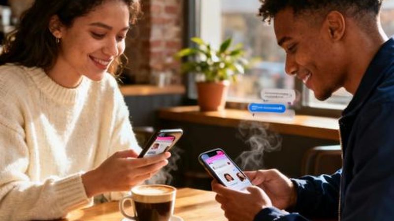 Two people holding smartphones with dating app interfaces showing mutual matches