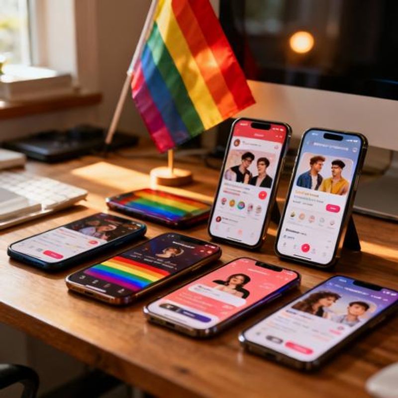 Collection of LGBTQ+ dating apps displayed on smartphone screens