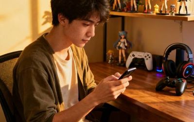 Young person using smartphone dating app with anime figurines in background