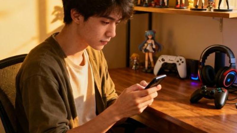 Young person using smartphone dating app with anime figurines in background