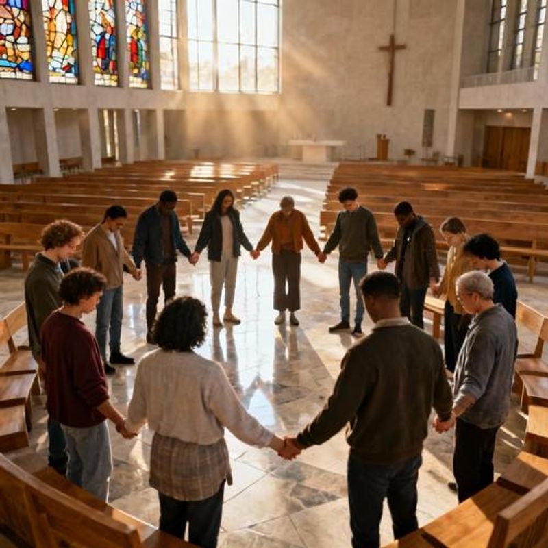 Multicultural group praying together in a circle