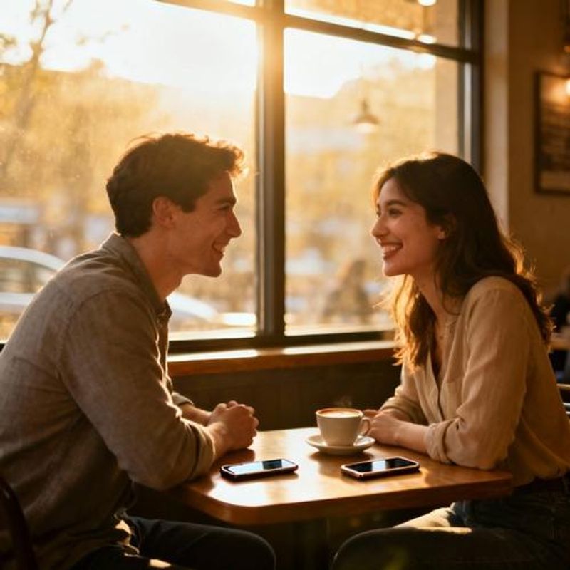 Couple having coffee together after meeting through a dating app
