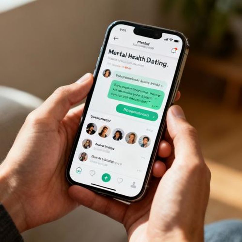 Close-up of hands holding smartphone showing mental health app interface with supportive messaging