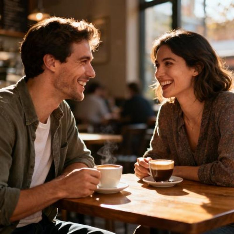 Two people having coffee on their first date, both smiling and engaged in conversation