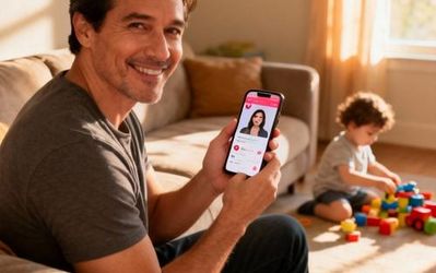 Single parent using dating app while child plays nearby