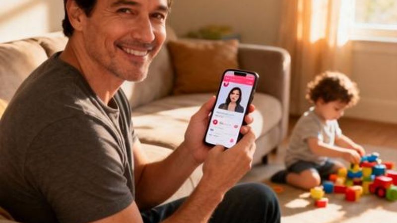 Single parent using dating app while child plays nearby