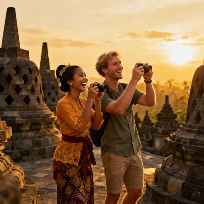 Mixed cultural couple exploring Indonesian temple together