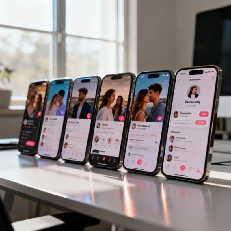 Various dating app interfaces displayed on multiple smartphones