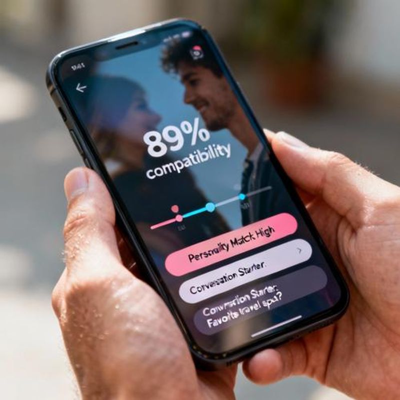 Smartphone screen showing dating app interface with compatibility metrics and conversation starters